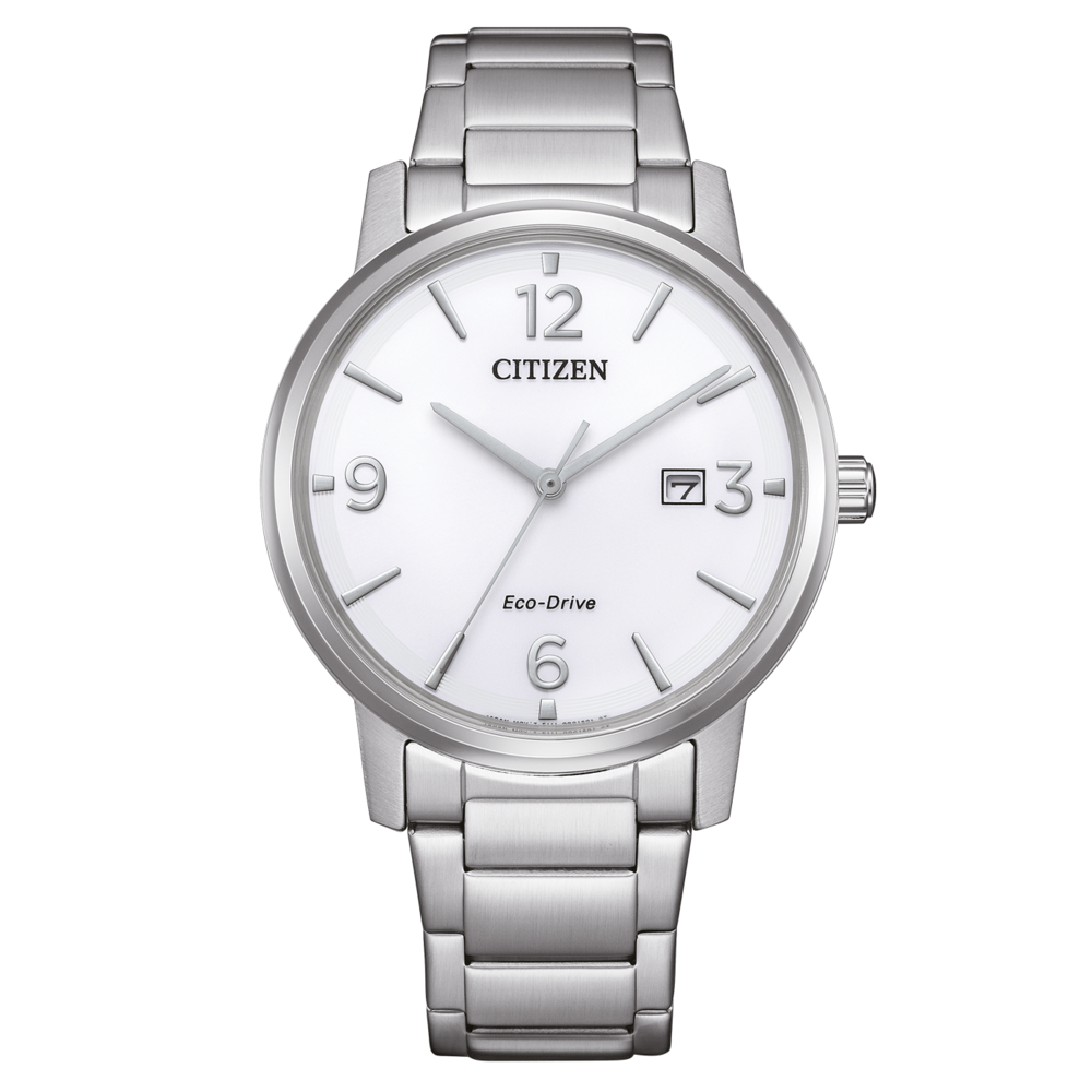 Citizen-kello, jossa valkoinen kellotaulu ja hopeinen ranneke, Eco-Drive-tekniikka.
