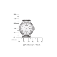 Citizen-kello, jossa on valkoinen kellotaulu, mitattuna millimetreissä, asteikolla 25,4 millimetriä = 1 tuuma.