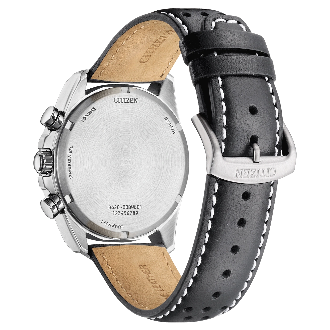 Citizen-kellon takaosa nahkahihnalla, ruostumaton teräs, Eco-Drive, W.R.10BAR