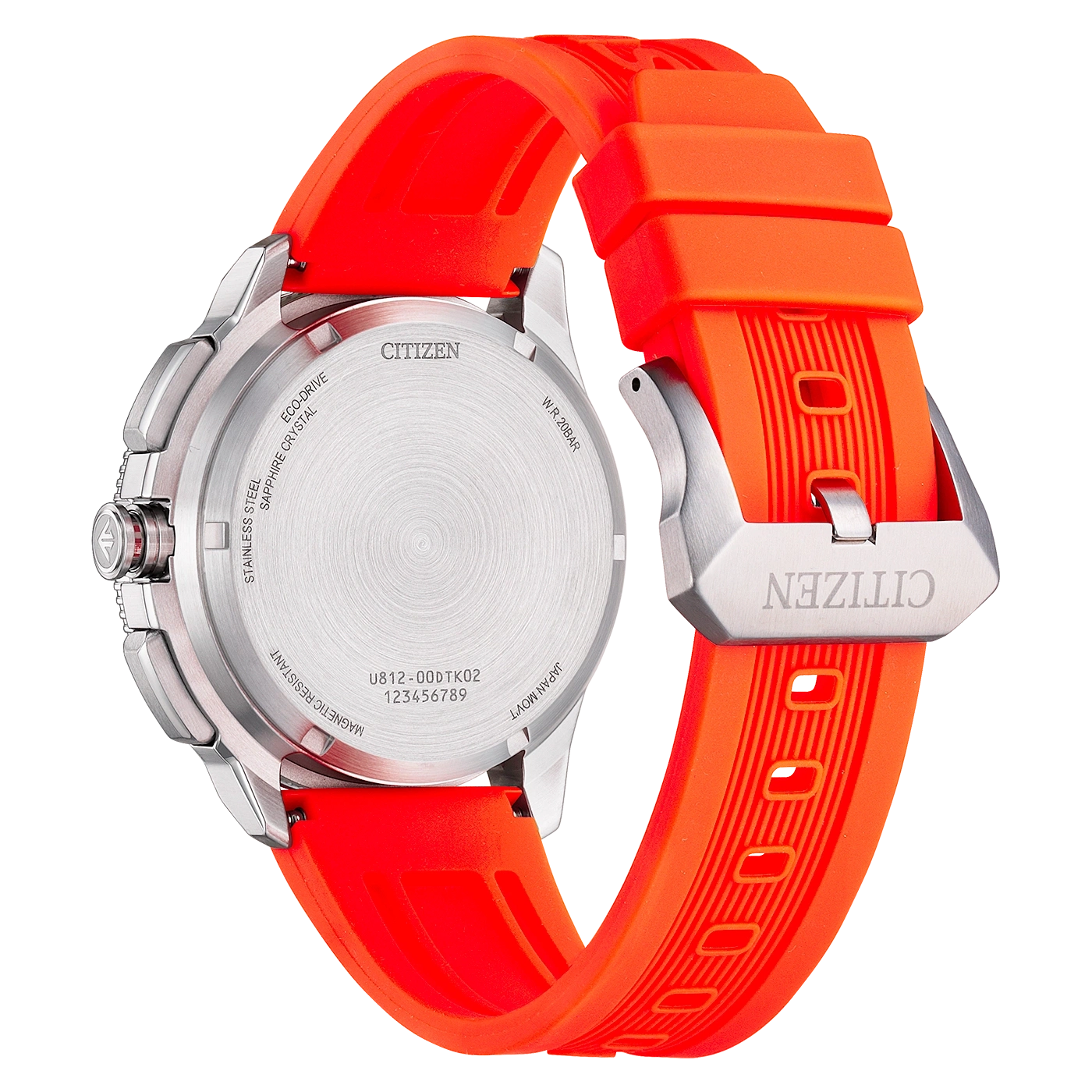 Citizen Eco-Drive -kellon takakuva oranssilla rannekkeella ja hopeakotelo.