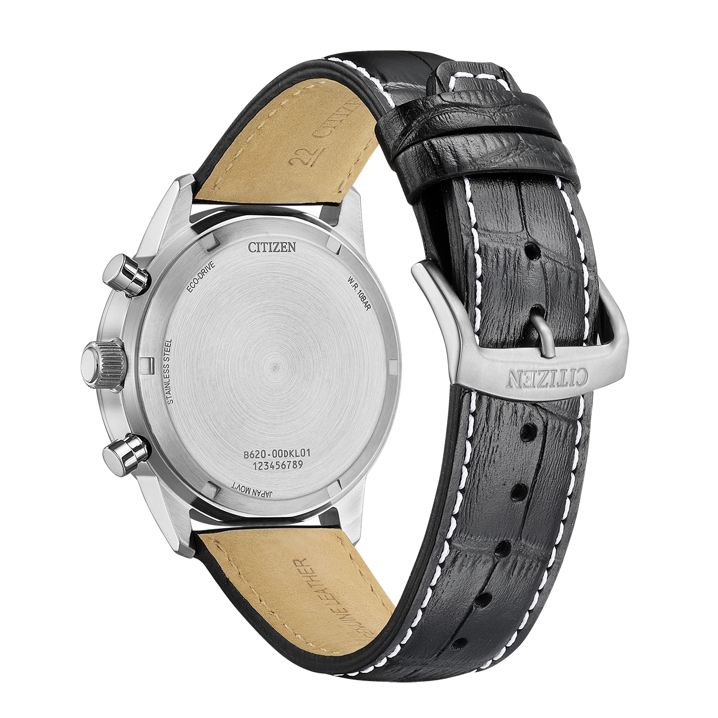 Citizen Eco-Drive -kellon takaosa mustalla nahkarannekkeella.