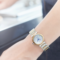 Naisen ranteessa Citizen Eco-Drive -kello, kultaa ja hopeaa.