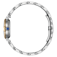 Hopeinen kello, jossa on kultaiset yksityiskohdat ja sininen jalokivi valkoisella pohjalla.