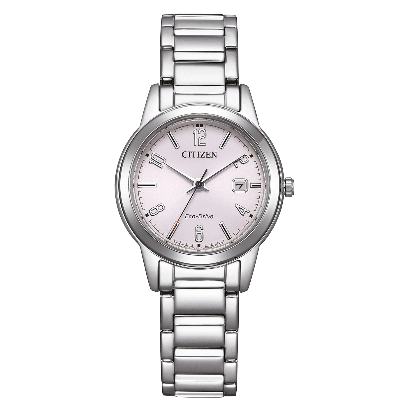 Citizen Eco-Drive -kello hopeisella rannekkeella ja valkoisella kellotaululla, päivämääränäyttö.