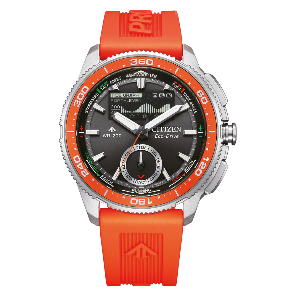 Citizen Eco-Drive-kello, jossa oranssi ranneke ja kehys.