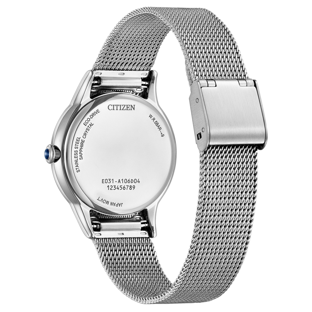 Citizen-kello, ruostumaton teräs, safiirikristalli, Eco-Drive, verkkovyö, hopea