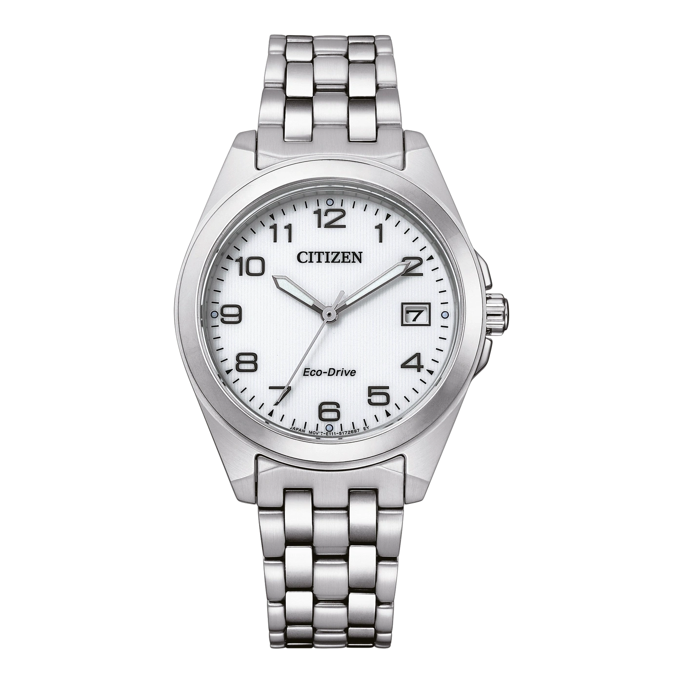 Citizen-kello valkoisella kellotaululla, hopeisella rannekkeella ja Eco-Drive-tekniikalla.