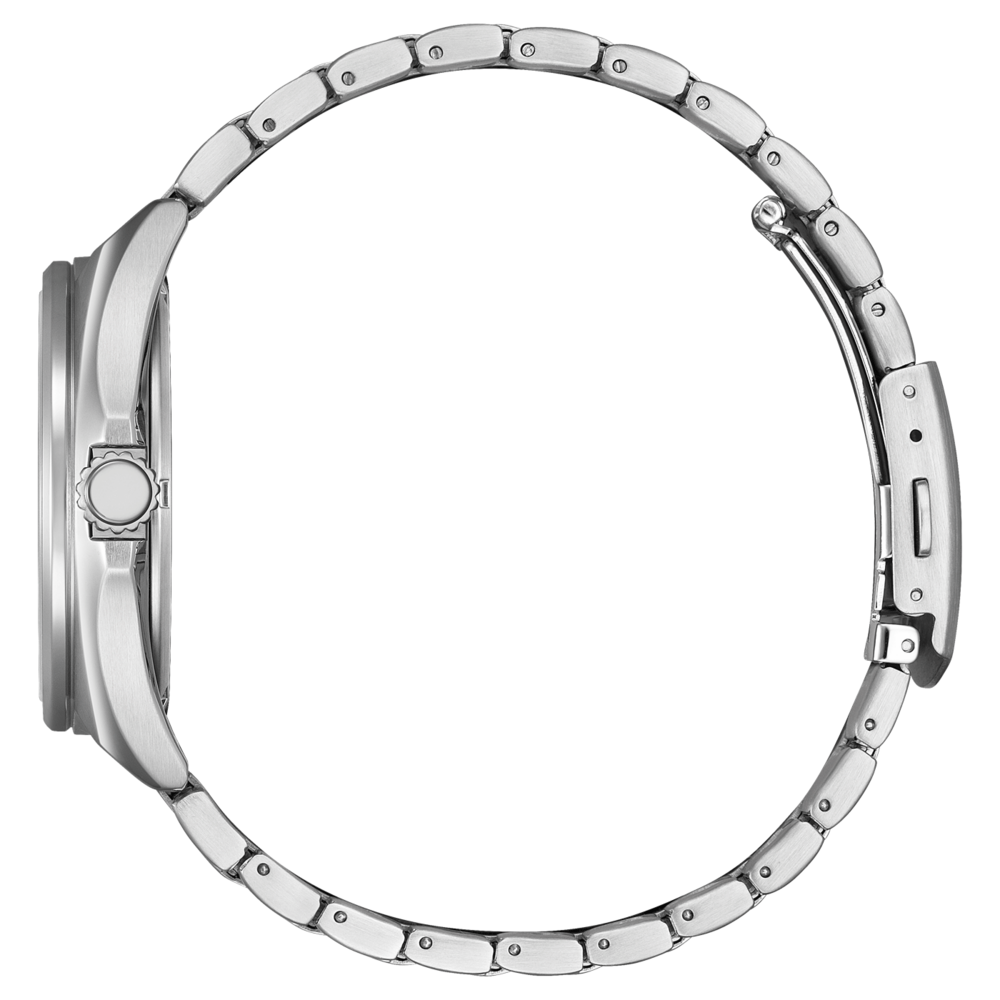 Hopeinen rannekello, jossa metalliranneke ja pyöreä kellotaulu sivusta katsottuna.