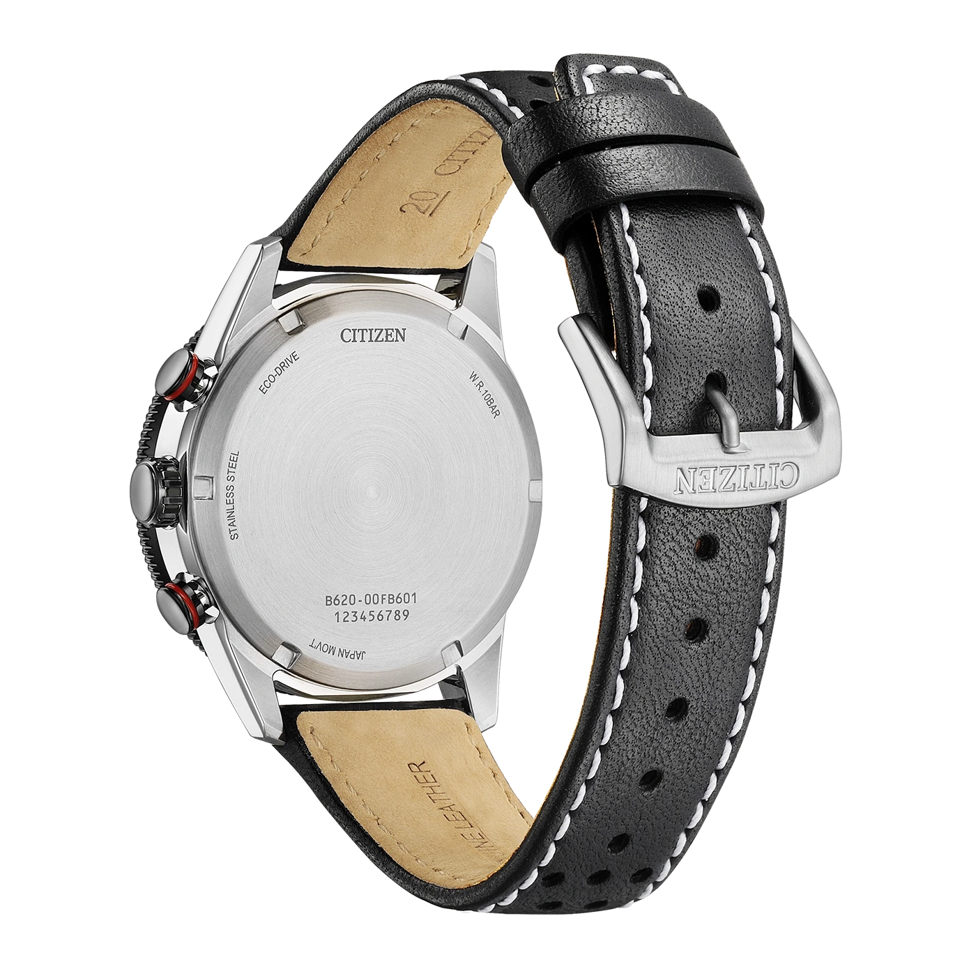 Mustan nahkaisen Citizen Eco-Drive -kellon takaosa valkoisilla ompeleilla.