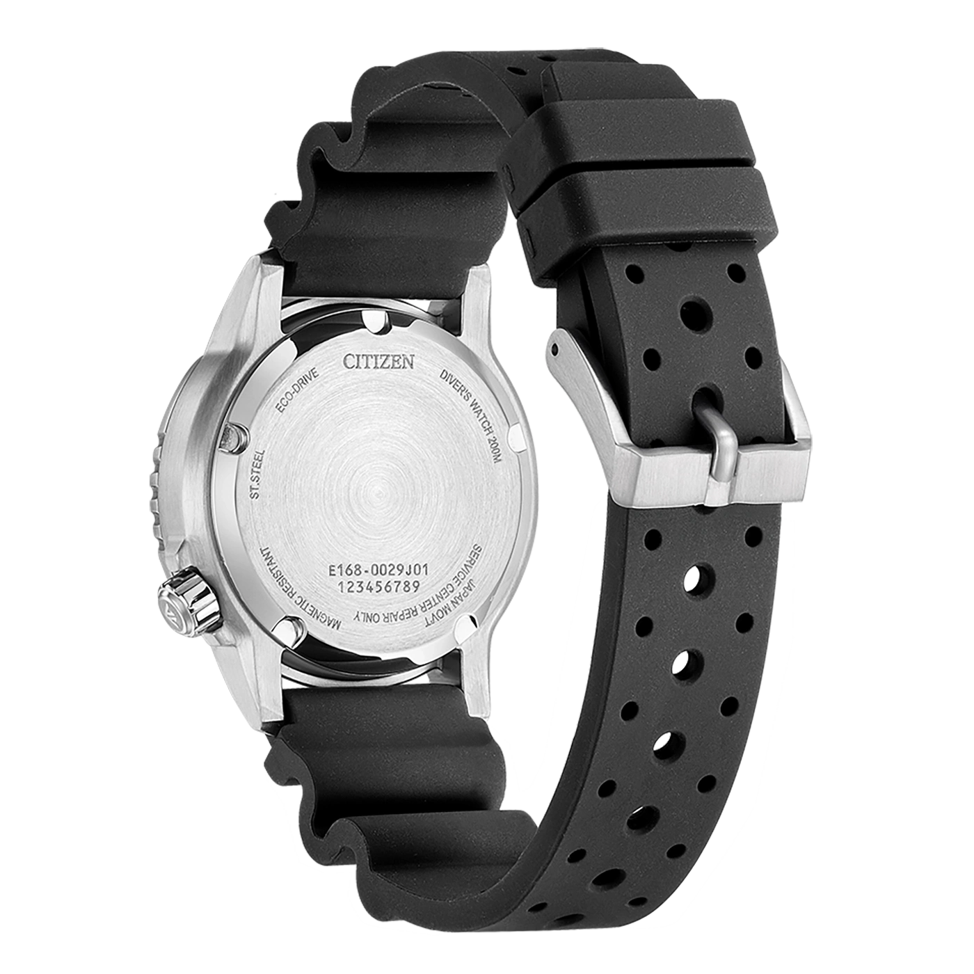 Citizen-kellon takaosa mustalla hihnalla, Eco-Drive, Diver's Watch 200M, ST. STEEL