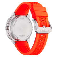 Citizen Eco-Drive -kellon takakuva oranssilla rannekkeella ja hopeakotelo.