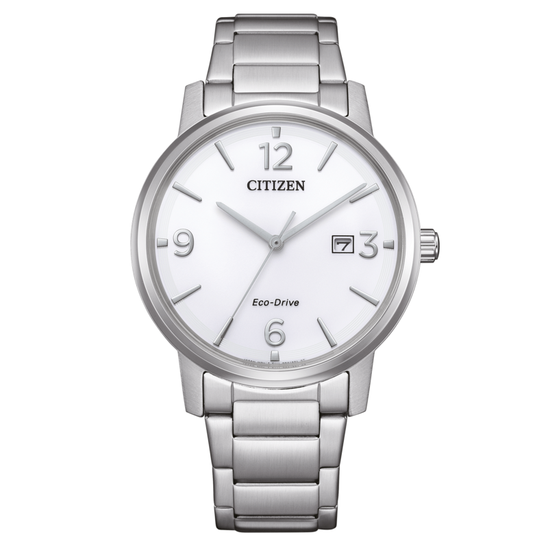 Citizen-kello, jossa valkoinen kellotaulu ja hopeinen ranneke, Eco-Drive-tekniikka.
