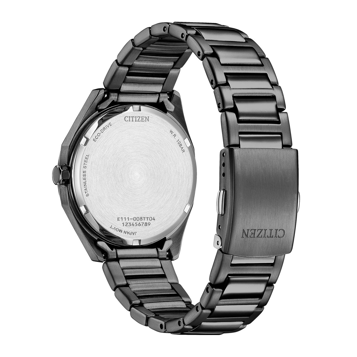 Mustan Citizen Eco-Drive -rannekellon takaosa metallirannekkeella.