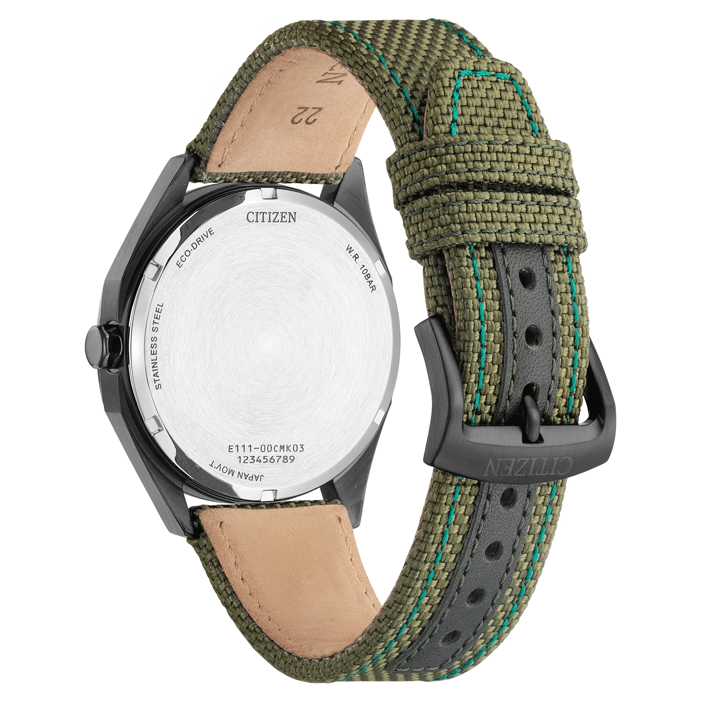 Citizen-kellon takaosa, vihreä ranneke, ruostumaton teräs, eco-drive, W.R. 10BAR, Japan movt.