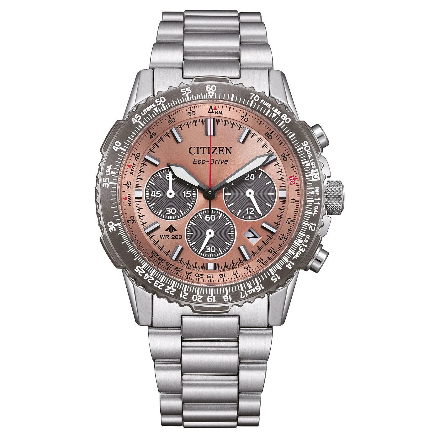 Citizen Eco-Drive -kello, jossa on ruusukullanvärinen kellotaulu ja ruostumattomasta teräksestä valmistettu ranneke.
