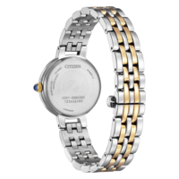 Citizen-kellon takaosa, ruostumaton teräs, safiirikristalli, Eco-Drive, japanilainen koneisto, kultaiset yksityiskohdat