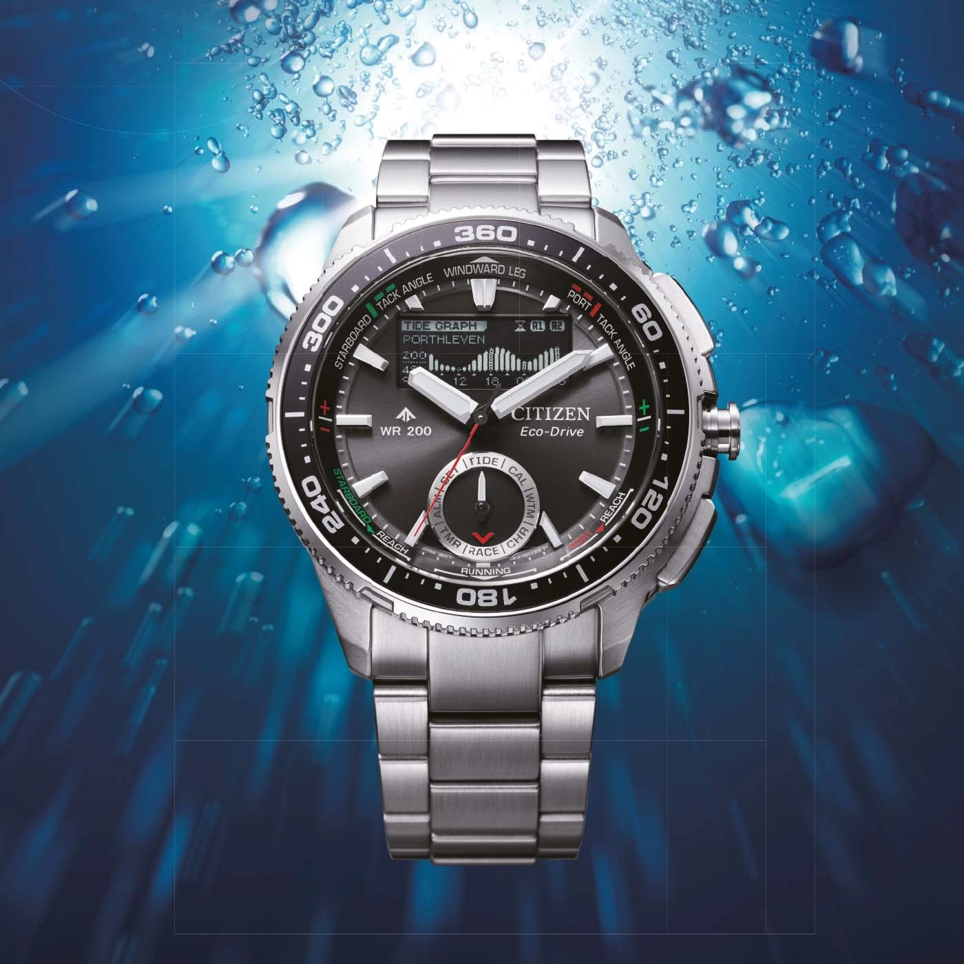 Citizen Eco-Drive-kello vuorovesigraafilla ja maailmanaika-toiminnolla.