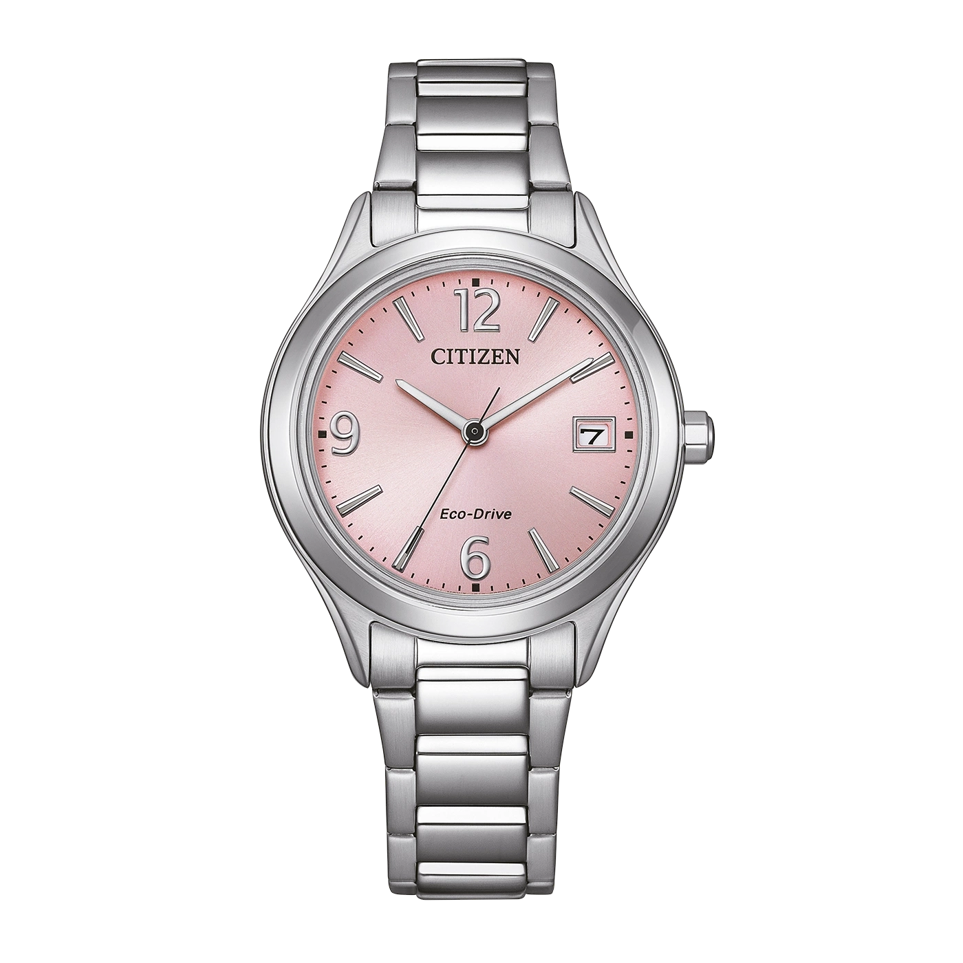 Hopeinen Citizen Eco-Drive -kello vaaleanpunaisella kellotaululla ja päivämääräikkunalla.