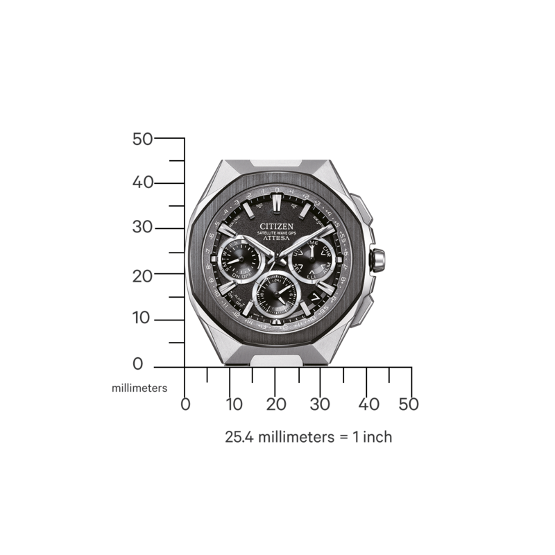 Citizen Attesa -kello mittakaavalla, joka näyttää millimetrit ja tuumat koon vertailua varten.