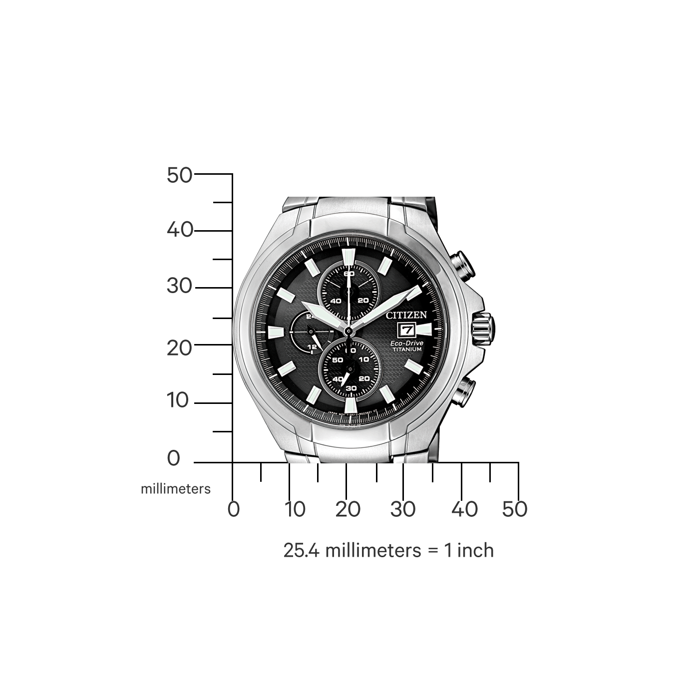 Citizen-kello, jossa musta kellotaulu ja titaani Eco-Drive, mitattuna millimetreissä.