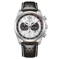 Citizen-kello, jossa musta nahkaranneke ja valkoinen kellotaulu ja kronografiominaisuudet.