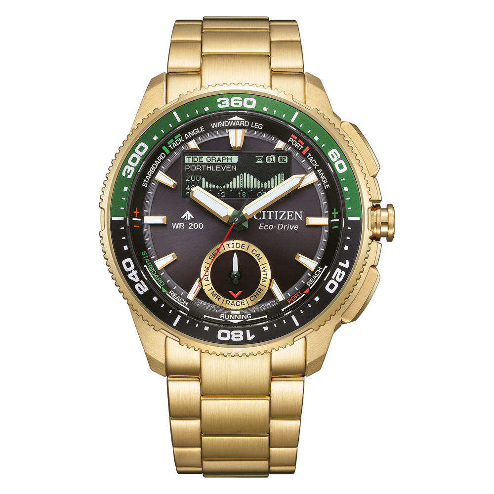 Kultainen Citizen Eco-Drive -rannekello, jossa on musta kellotaulu ja vihreitä yksityiskohtia.