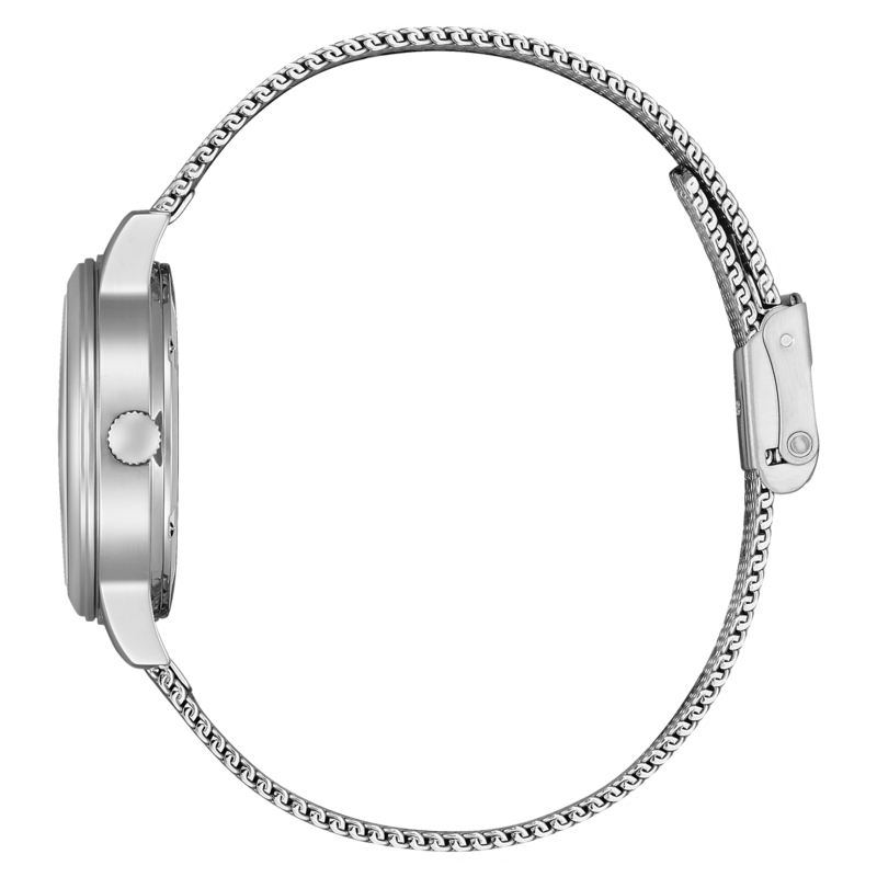 Hopeinen kello, jossa on verkkohihna, sivukuva, tyylikäs muotoilu, moderni tyyli.