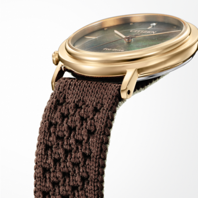 Lähikuva kultaisesta kellosta, jossa on ruskea kudottu ranneke, Citizen Eco-Drive.