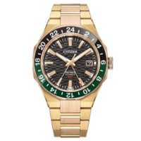 Citizen Series 8 GMT automaattikello, jossa kulta- ja vihreät korostukset, musta kellotaulu.