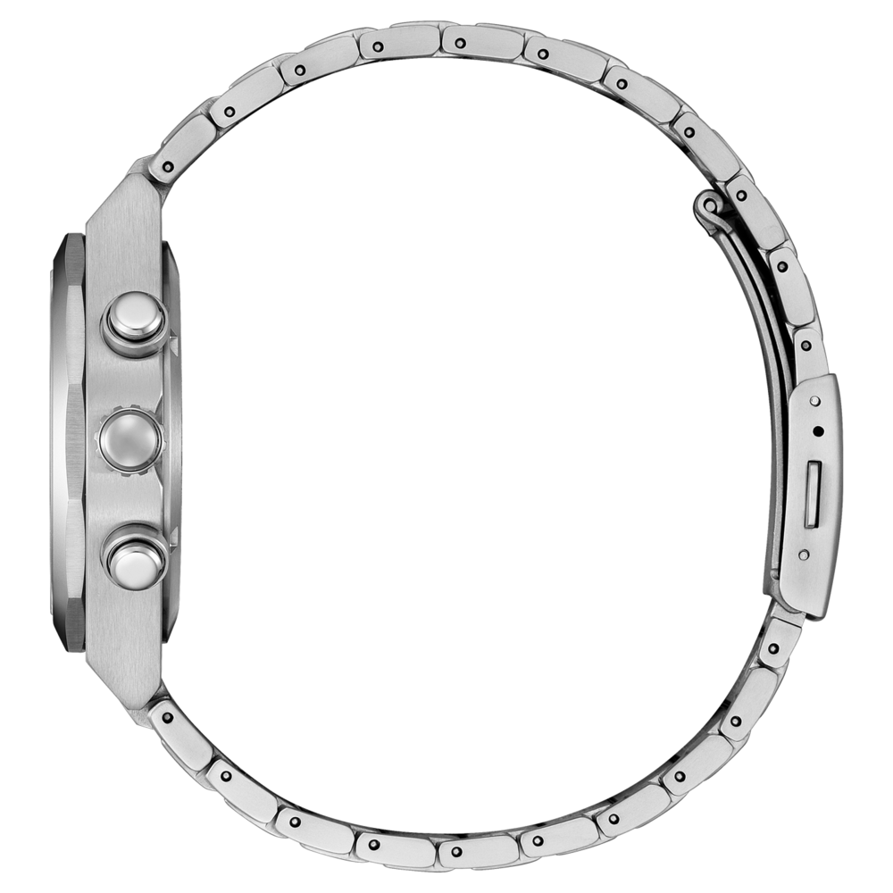 Hopeinen rannekello, jossa metalliranneke ja kolme painiketta sivusta.