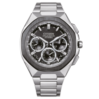 Citizen Attesa -kello mustalla kellotaululla ja hopeisella rannekkeella, GPS.