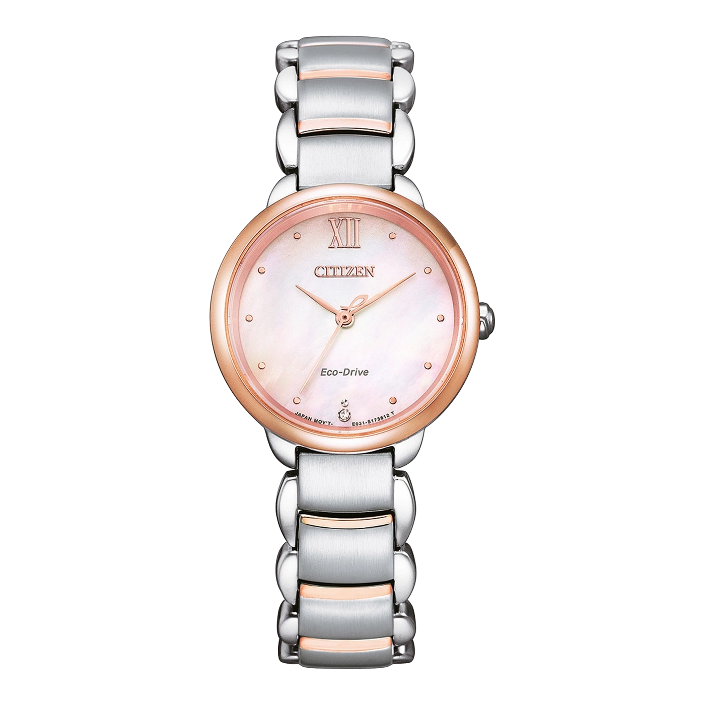 Citizen Eco-Drive -kello, jossa on valkoinen kellotaulu ja hopea- ja ruusukultaranneke.