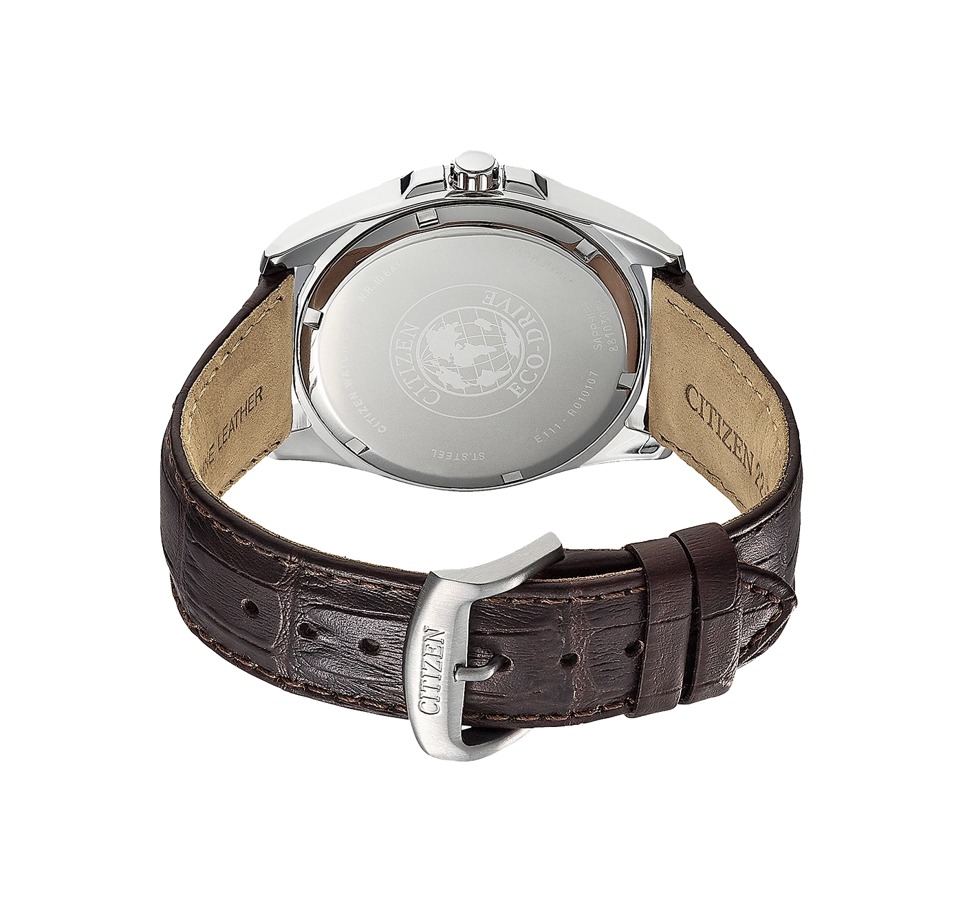 Citizen-kellon takaosa nahkahihnalla, teräksellä ja Eco-Drive-tekniikalla.