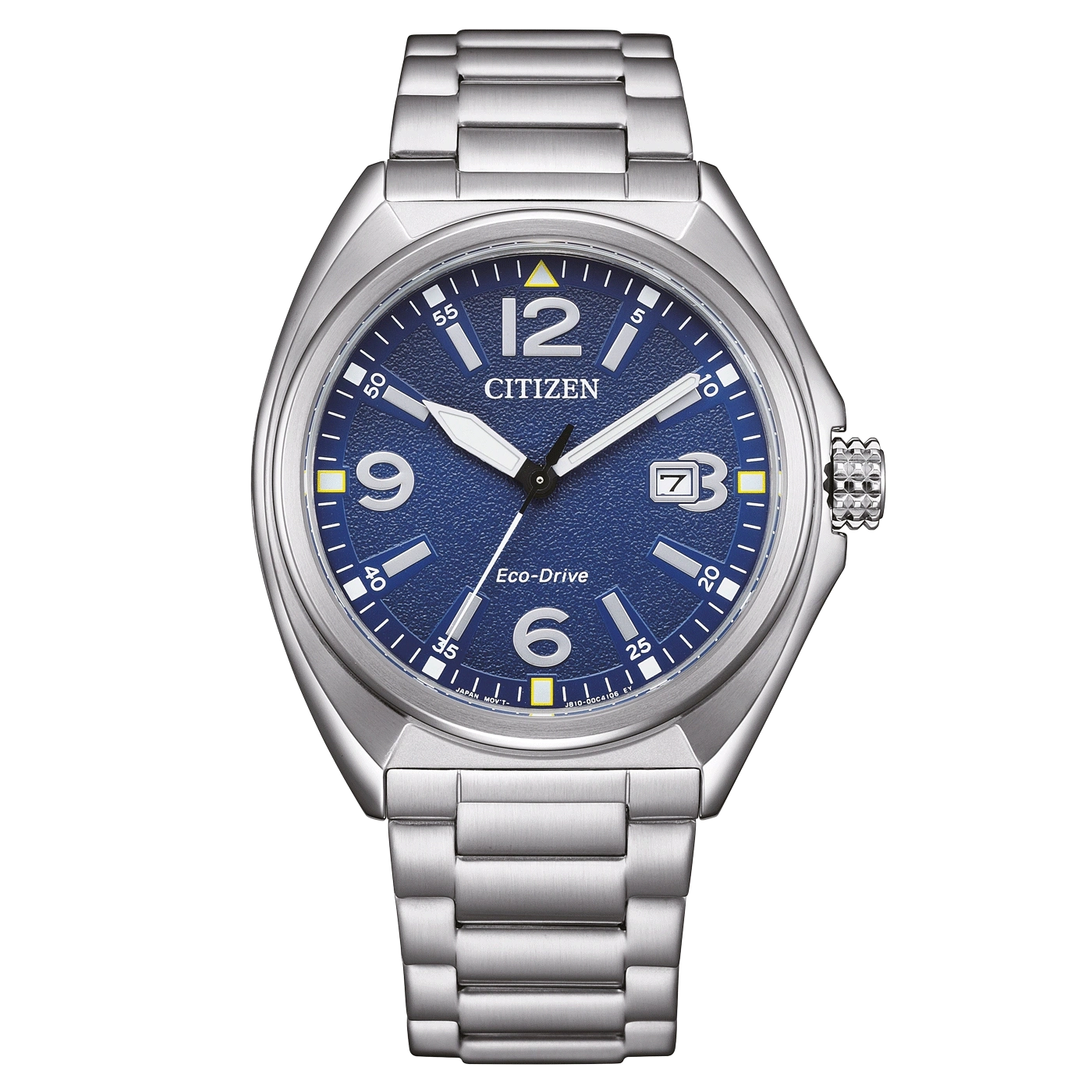Citizen-kello, jossa sininen kellotaulu, hopeinen ranneke ja Eco-Drive-tekniikka.
