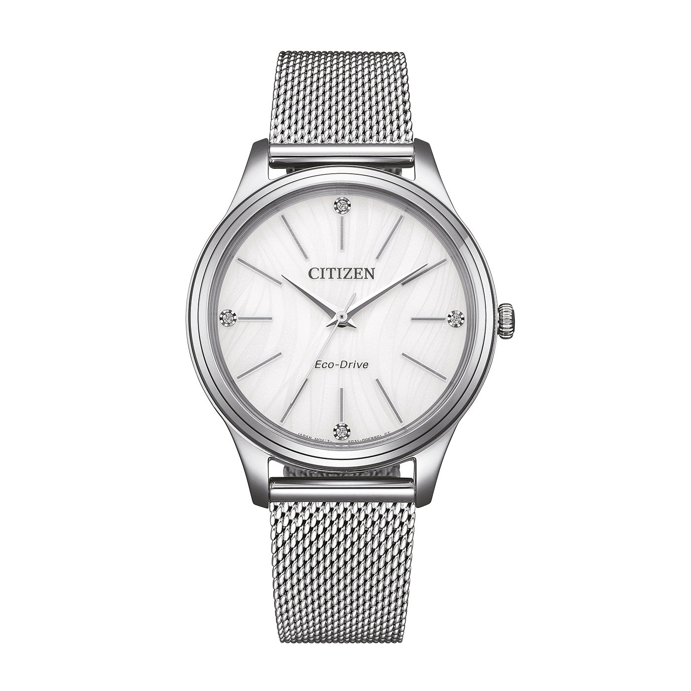 Valkoinen Citizen Eco-Drive -kello hopeisella verkkorannekkeella.