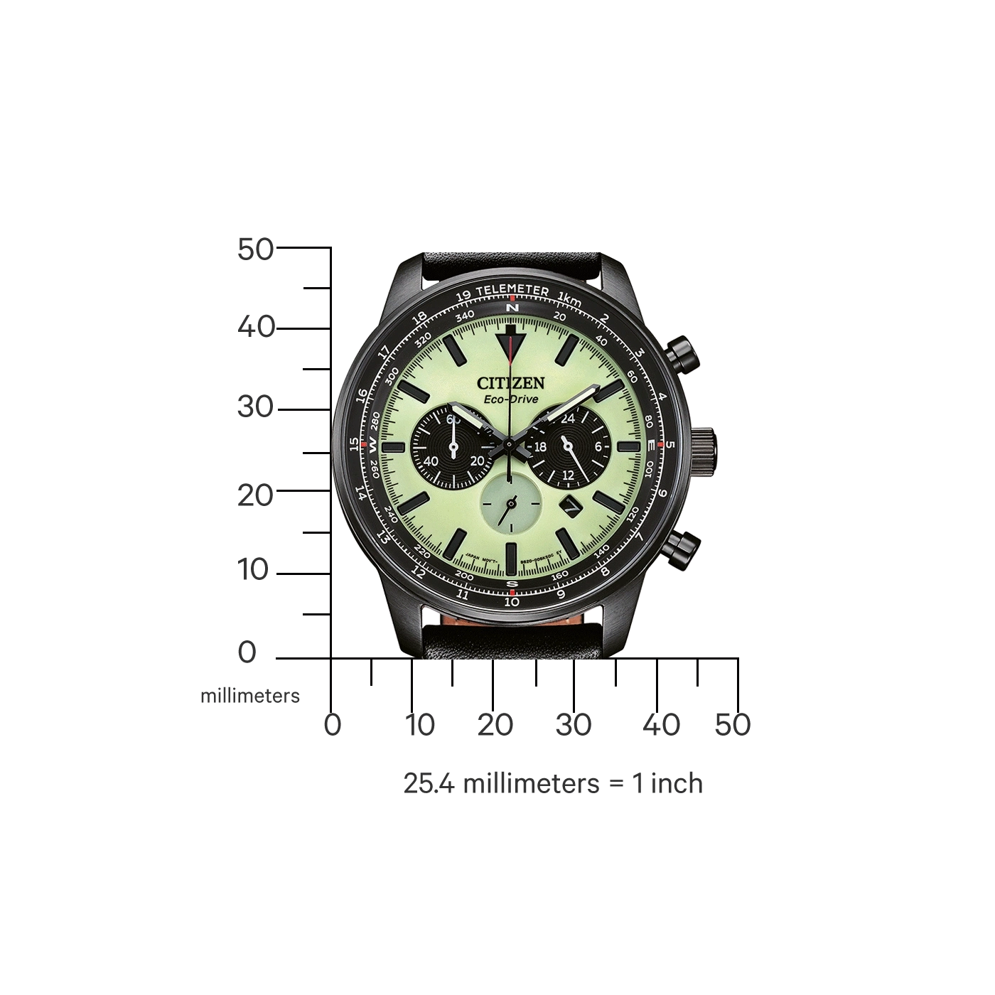 Citizen Eco-Drive -kello, jossa musta kotelo ja vaaleanvihreä kellotaulu, millimetriasteikolla.