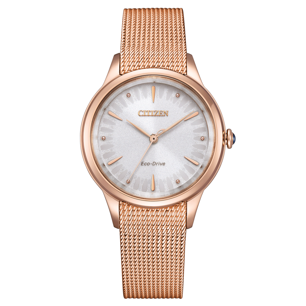 Ruusukultainen Citizen-kello, jossa valkoinen kellotaulu ja verkkohihna.