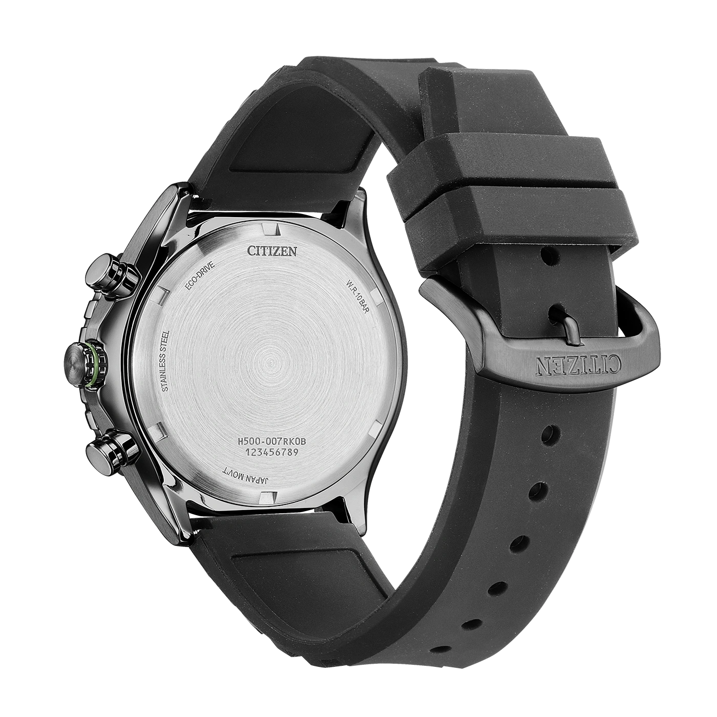 Mustan Citizen Eco-Drive -kellon takakuva kumirannekkeella.