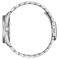 Hopeinen rannekello, jossa metalliranneke ja pyöreä kellotaulu sivusta katsottuna.