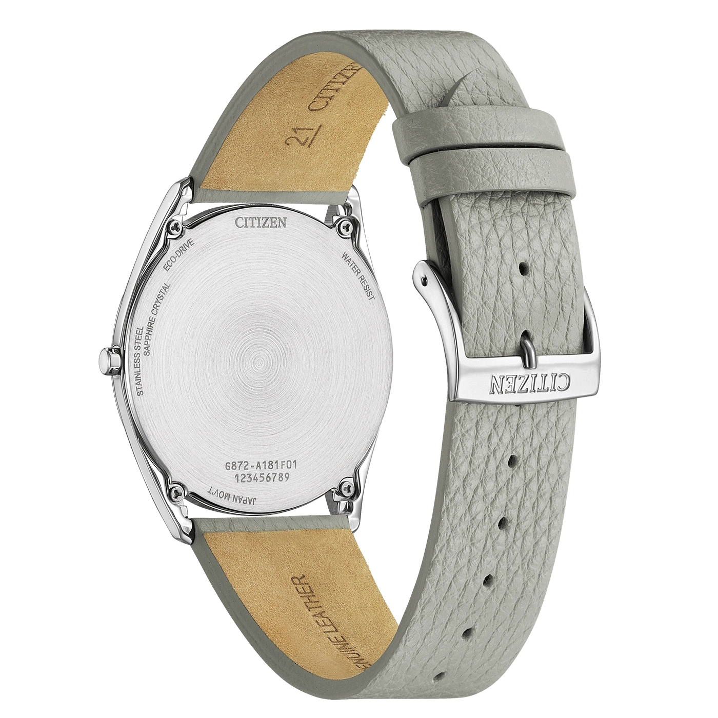 Citizen-kellon takaosa, ruostumaton teräs, nahkaranneke, vedenkestävä, eco-drive, safiirikristalli