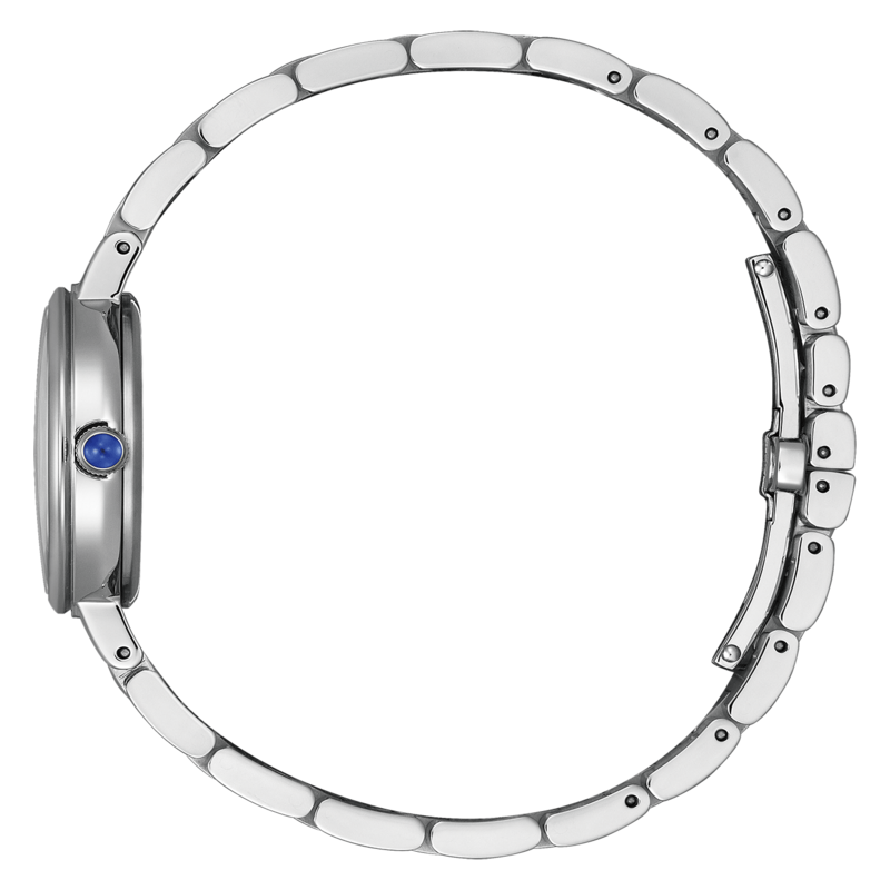 Hopeinen kello sinisellä jalokivellä, sivukuva, vihreällä taustalla