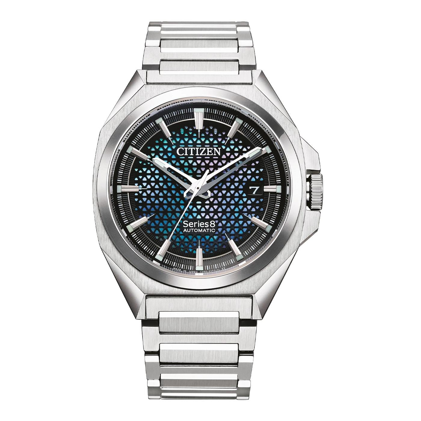 Citizen Series 8 automaattikello geometrisellä kellotaululla ja teräsrannekkeella