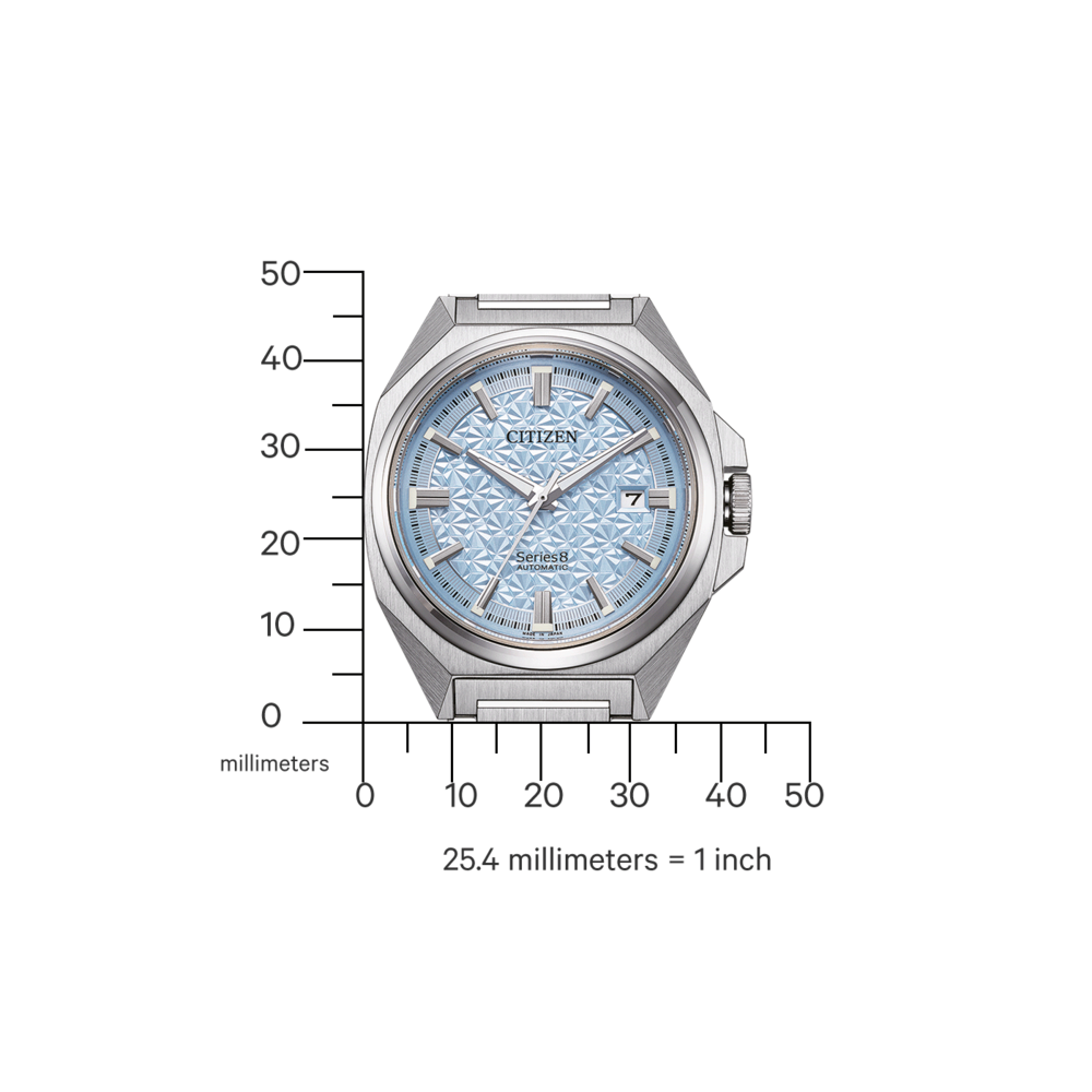 Citizen-kello, jossa on sininen kellotaulu, mittakaava ja teksti 'Series 8 AUTOMATIC'.