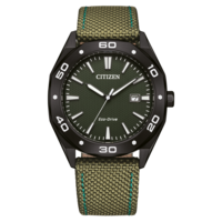 Citizen-kello, jossa on vihreä kellotaulu ja ranneke, musta kehys ja Eco-Drive-tekniikka.