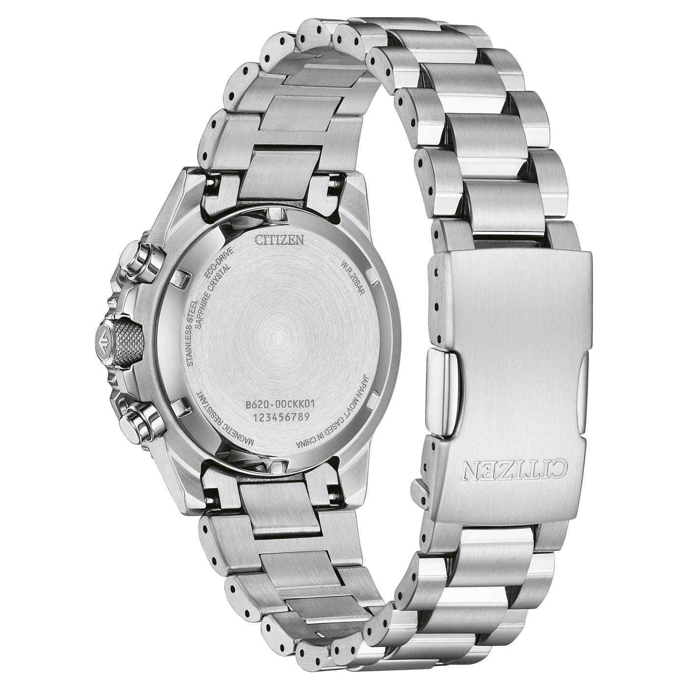 Citizen-kellon takaosa, ruostumaton teräs, Eco-Drive, safiirikristalli, W.R.20BAR, Japani