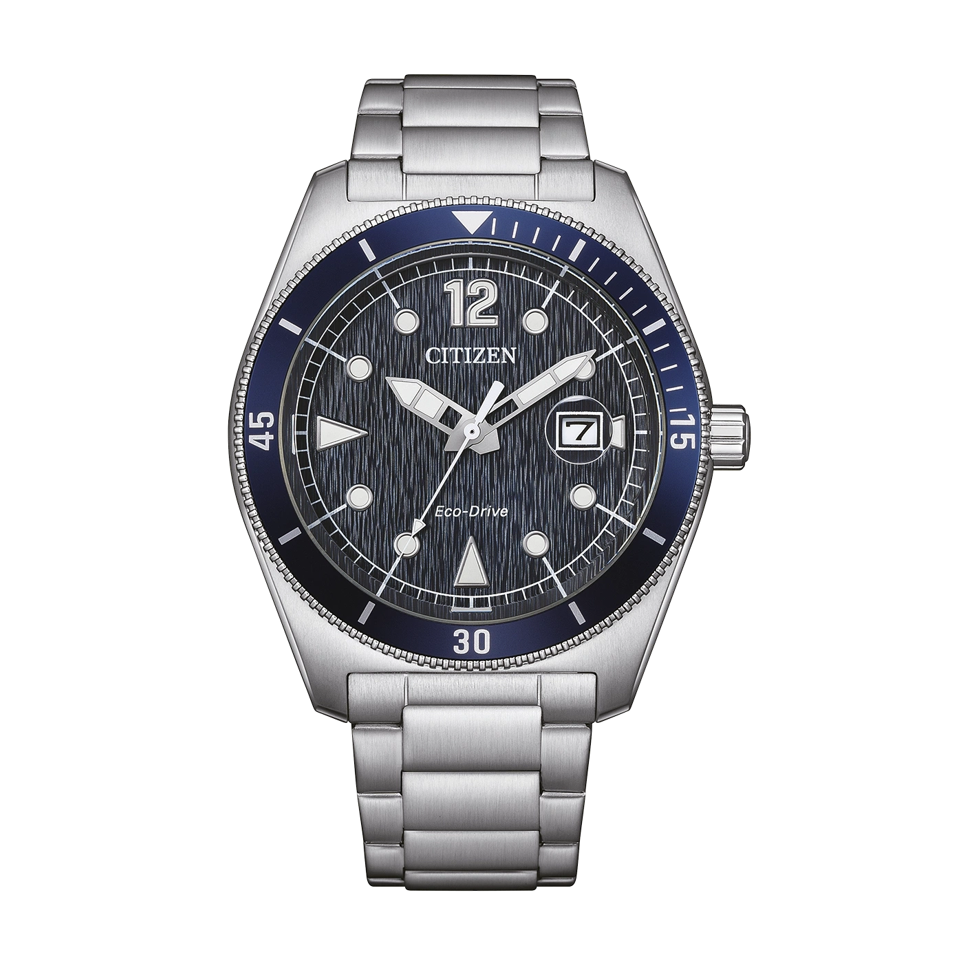 Citizen Eco-Drive -kello, jossa on sininen kellotaulu ja hopeinen ranneke.