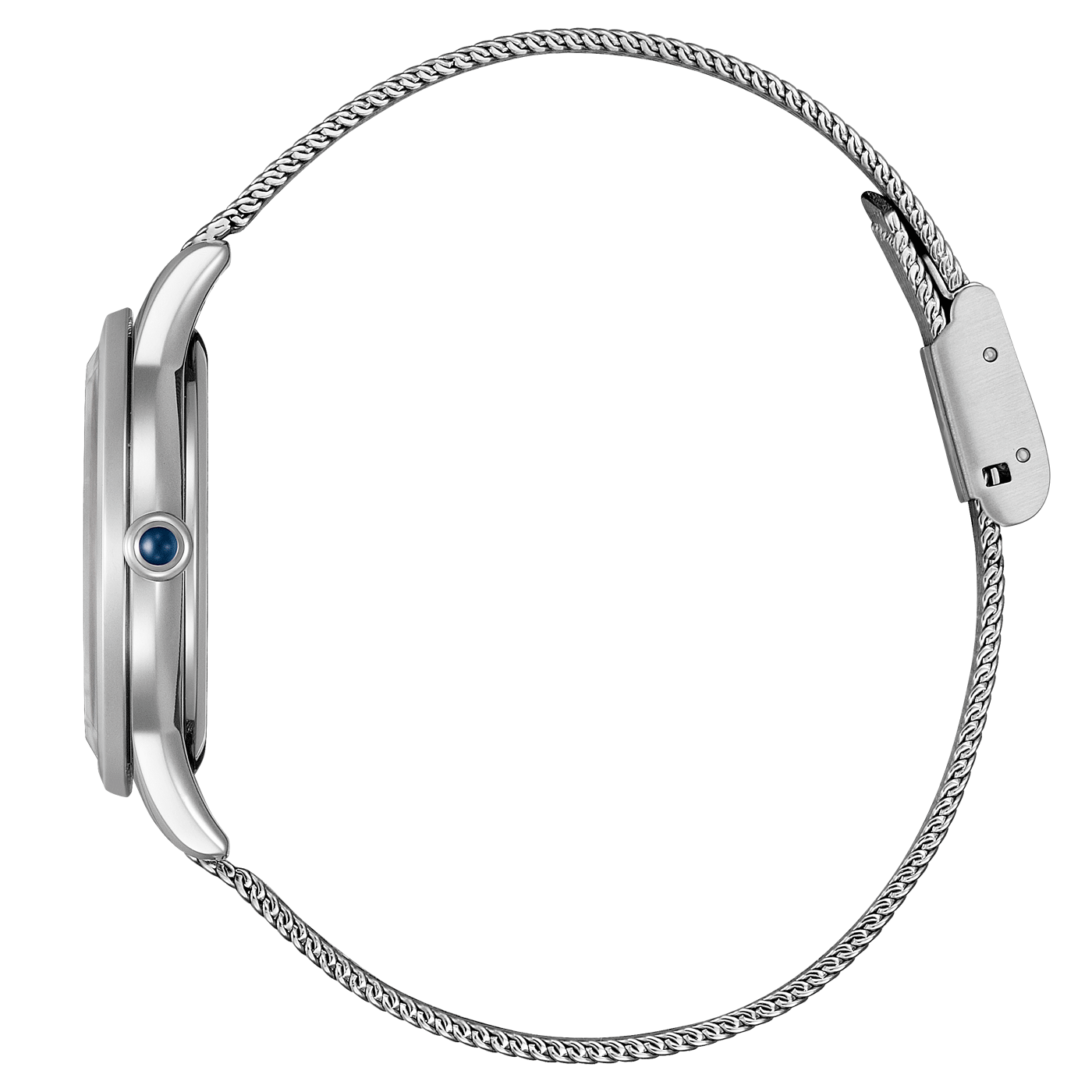 Hopeinen kello, jossa verkkohihna, sivukuva, tyylikäs muotoilu, moderni tyyli.