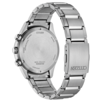 Hopeisen Citizen Eco-Drive -kellon takaosa tekstillä.