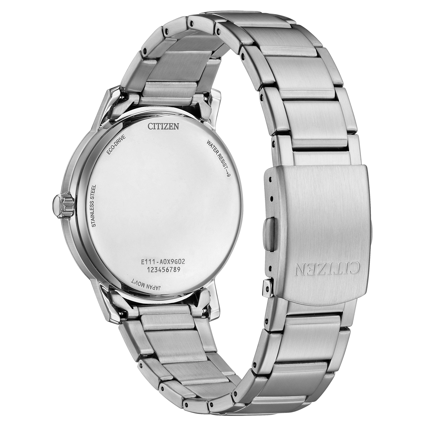 Citizen-kellon takaosa, ruostumaton teräs, Eco-Drive, vesitiivis, Japanin koneisto, mallinumero.