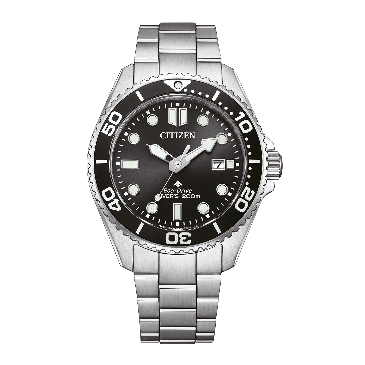 Citizen-kello, jossa musta kellotaulu, hopeinen kehys ja ranneke, Eco-Drive, diver's 200m